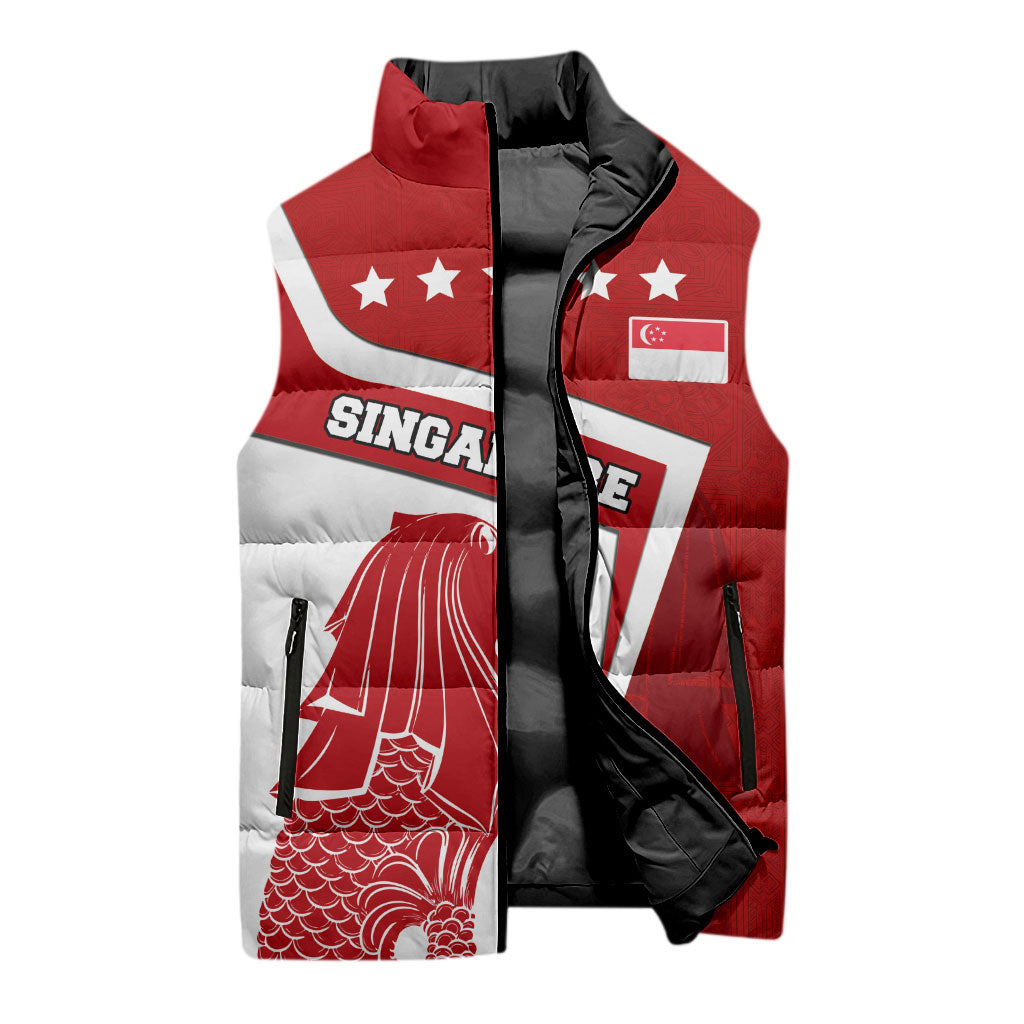 Singapore Merlion Sleeveless Puffer Jacket National Flag Day Patriotic Crescent Moon And Stars