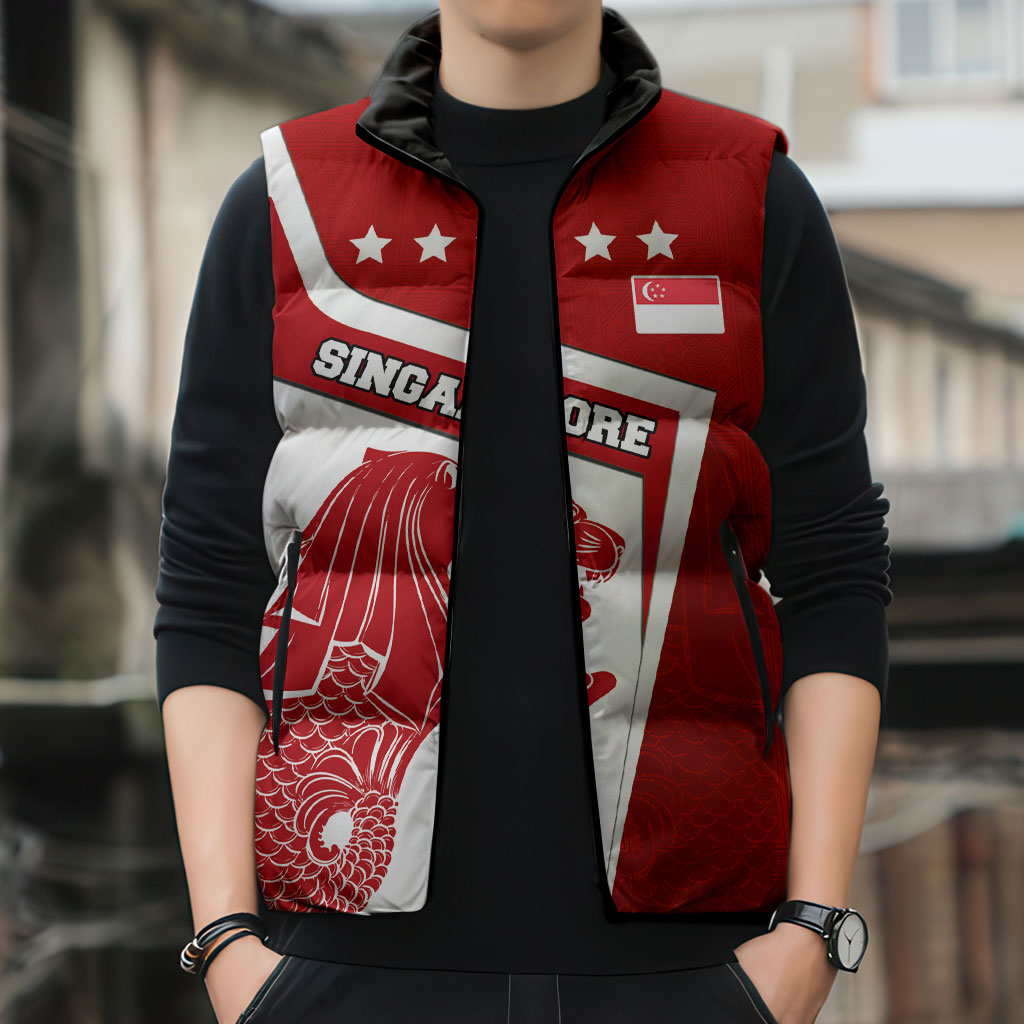 Singapore Merlion Sleeveless Puffer Jacket National Flag Day Patriotic Crescent Moon And Stars