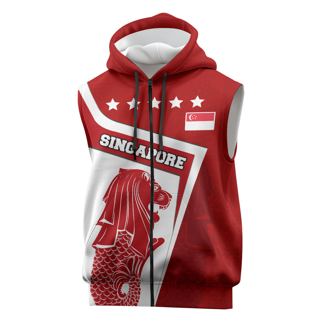 Singapore Merlion Sleeveless Zip Hoodie National Flag Day Patriotic Crescent Moon And Stars
