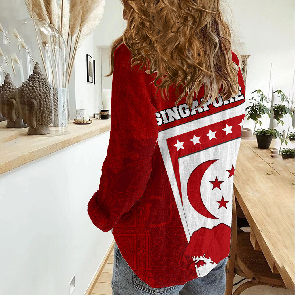 Singapore Merlion Women Casual Shirt National Flag Day Patriotic Crescent Moon And Stars