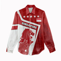 Singapore Merlion Women Casual Shirt National Flag Day Patriotic Crescent Moon And Stars