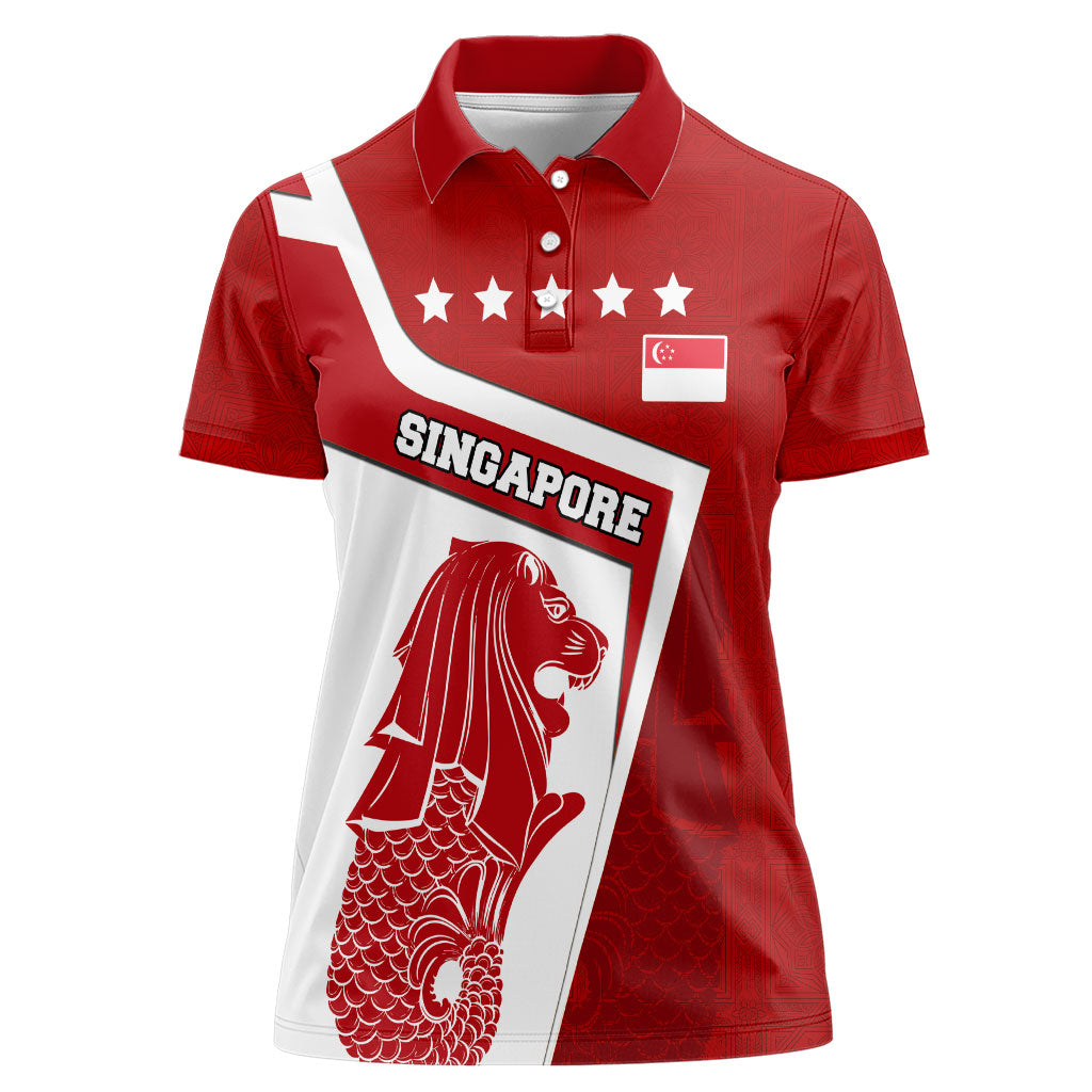 Singapore Merlion Women Polo Shirt National Flag Day Patriotic Crescent Moon And Stars