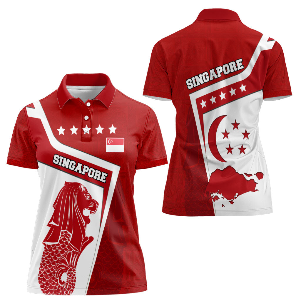 Singapore Merlion Women Polo Shirt National Flag Day Patriotic Crescent Moon And Stars