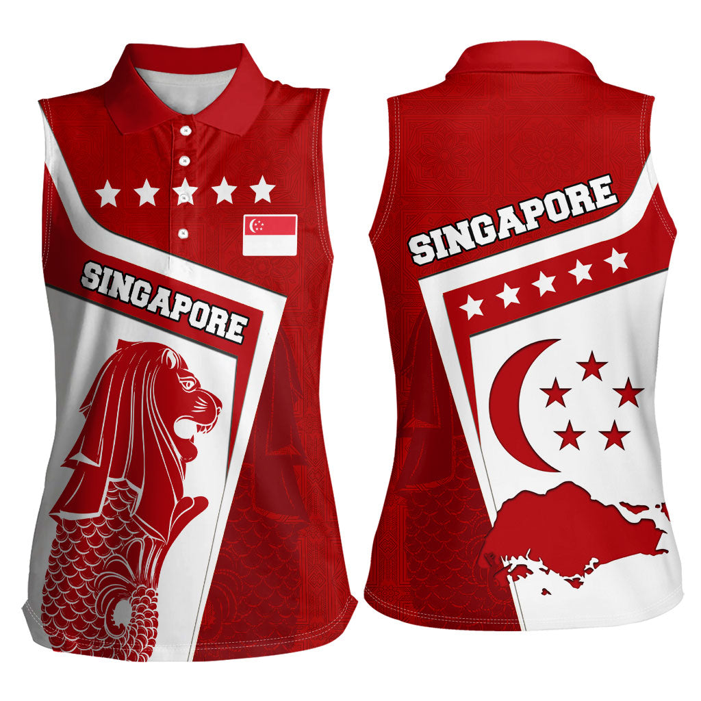 Singapore Merlion Women Sleeveless Polo Shirt National Flag Day Patriotic Crescent Moon And Stars