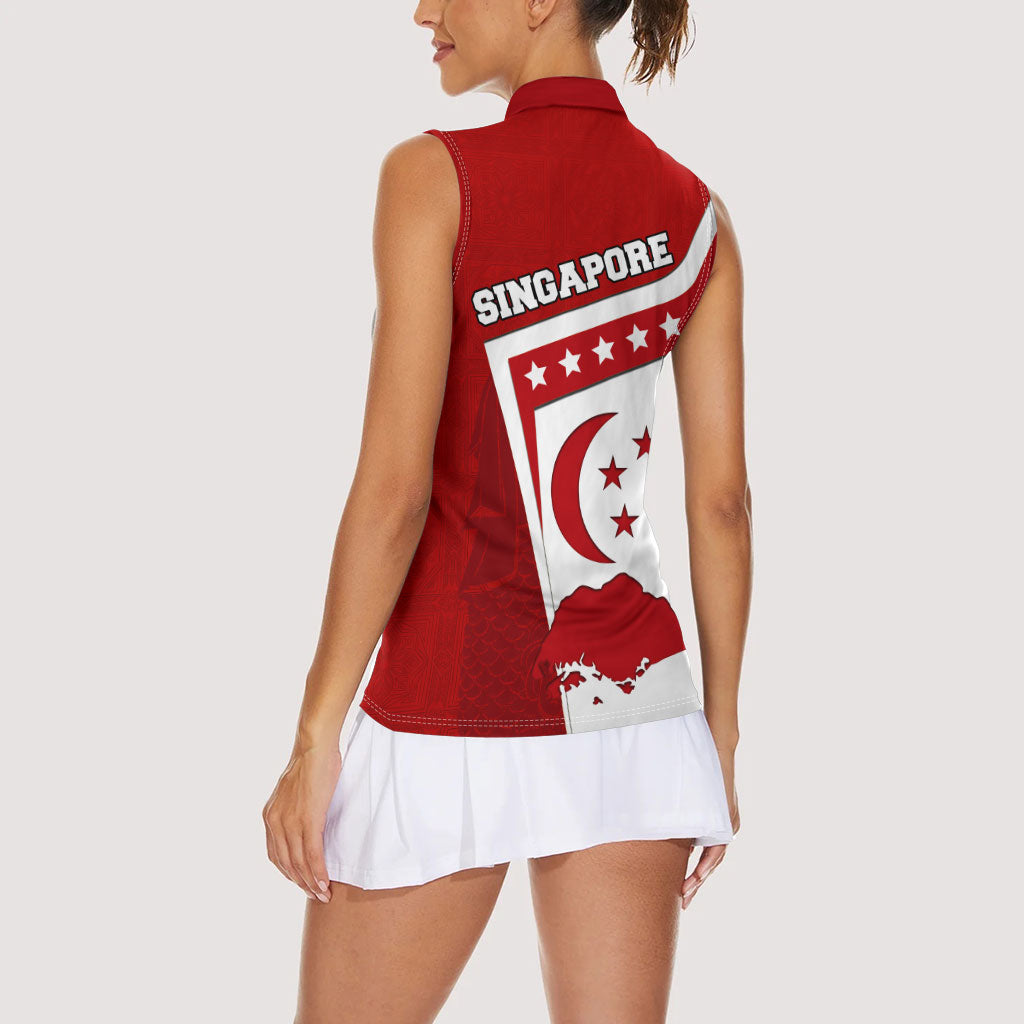 Singapore Merlion Women Sleeveless Polo Shirt National Flag Day Patriotic Crescent Moon And Stars