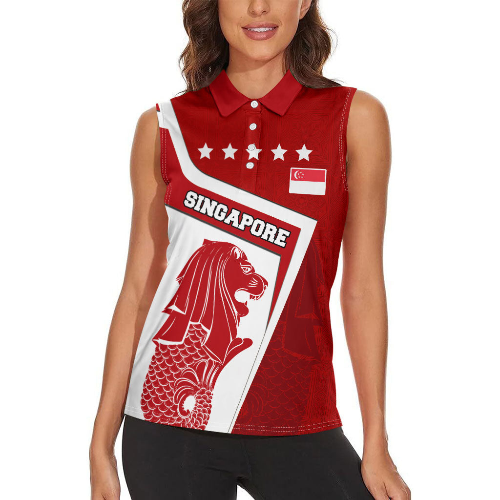 Singapore Merlion Women Sleeveless Polo Shirt National Flag Day Patriotic Crescent Moon And Stars