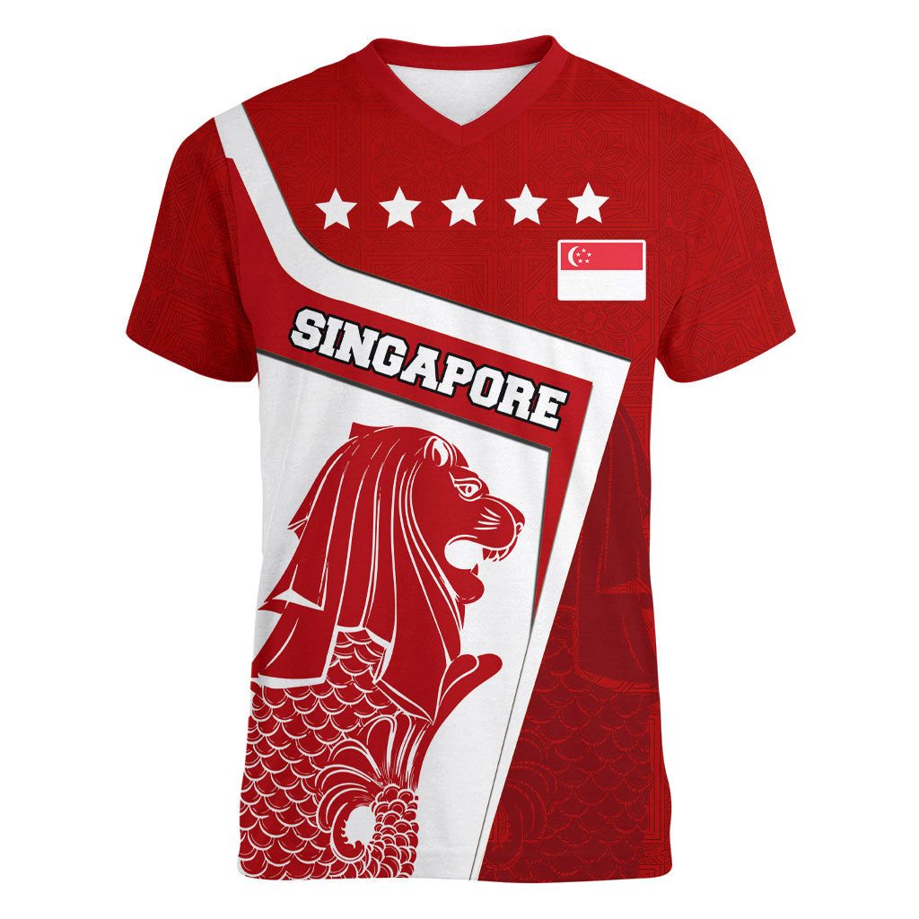 Singapore Merlion Women V-Neck T-Shirt National Flag Day Patriotic Crescent Moon And Stars