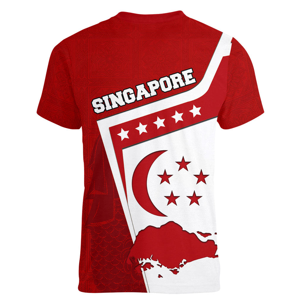 Singapore Merlion Women V-Neck T-Shirt National Flag Day Patriotic Crescent Moon And Stars