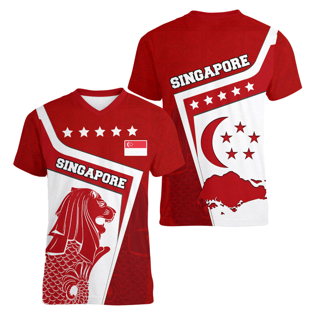 Singapore Merlion Women V-Neck T-Shirt National Flag Day Patriotic Crescent Moon And Stars