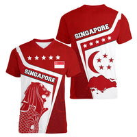 Singapore Merlion Women V-Neck T-Shirt National Flag Day Patriotic Crescent Moon And Stars