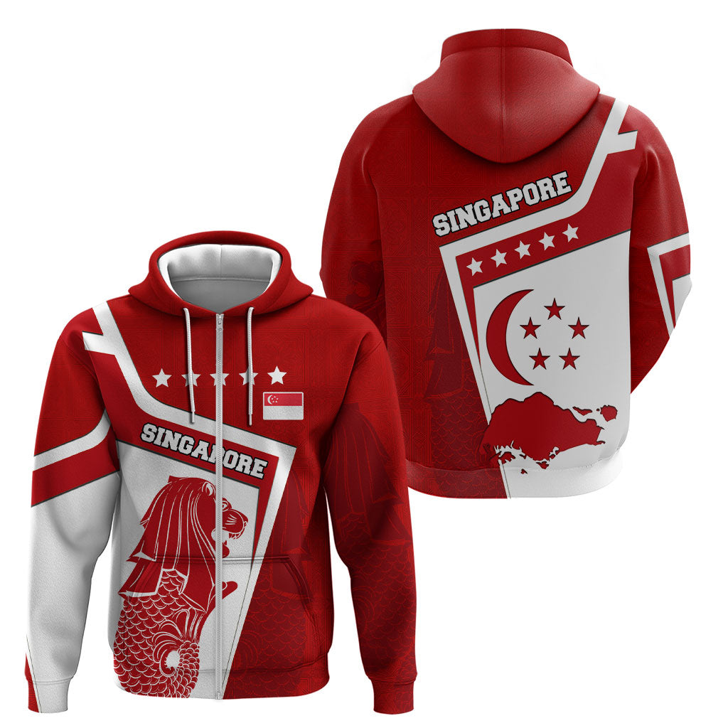 Singapore Merlion Zip Hoodie National Flag Day Patriotic Crescent Moon And Stars