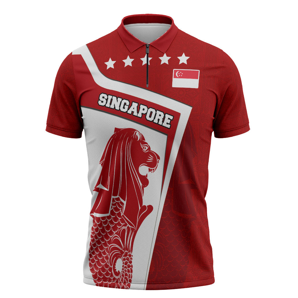 Singapore Merlion Zipper Polo Shirt National Flag Day Patriotic Crescent Moon And Stars
