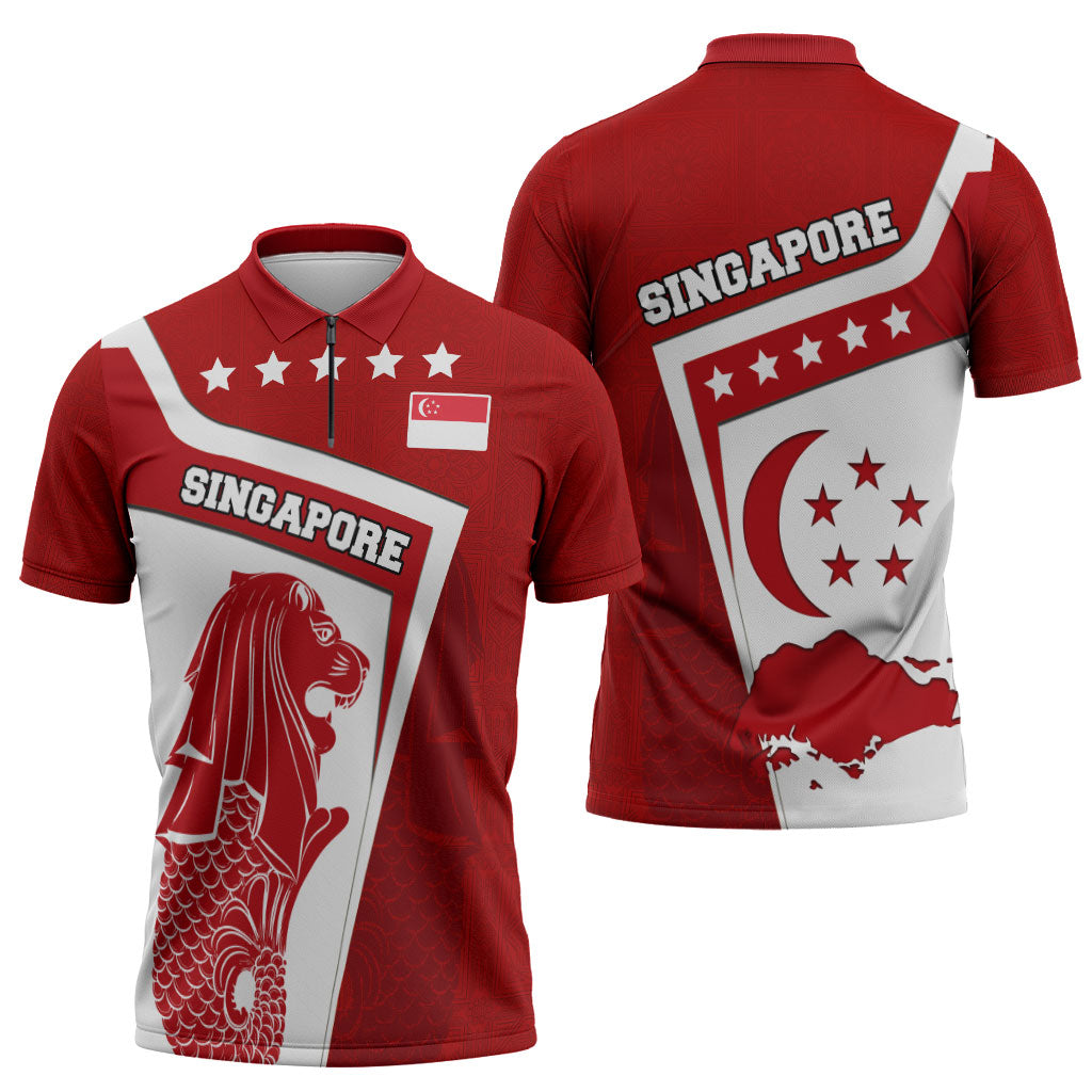 Singapore Merlion Zipper Polo Shirt National Flag Day Patriotic Crescent Moon And Stars