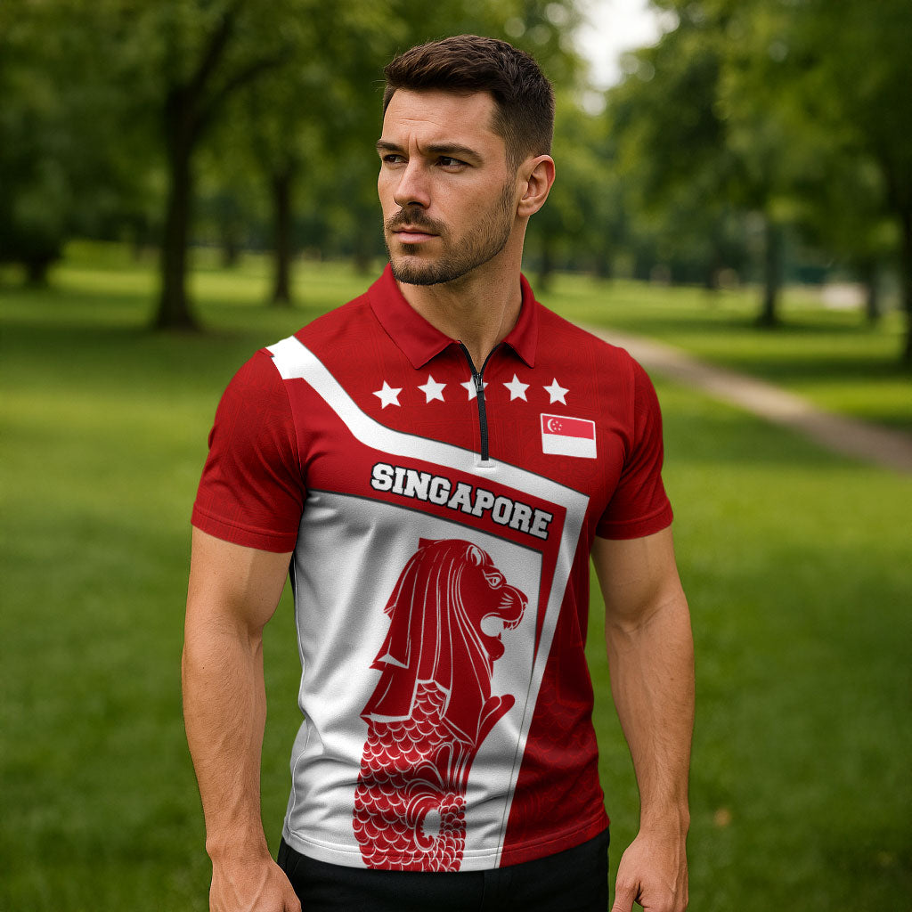 Singapore Merlion Zipper Polo Shirt National Flag Day Patriotic Crescent Moon And Stars