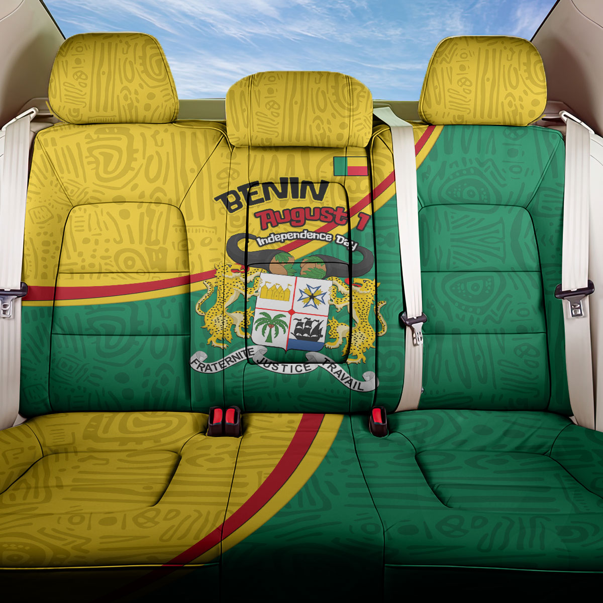 Benin Independence Day August 1 Back Car Seat Cover Coat Of Arms Heritage Raised Fist Flag