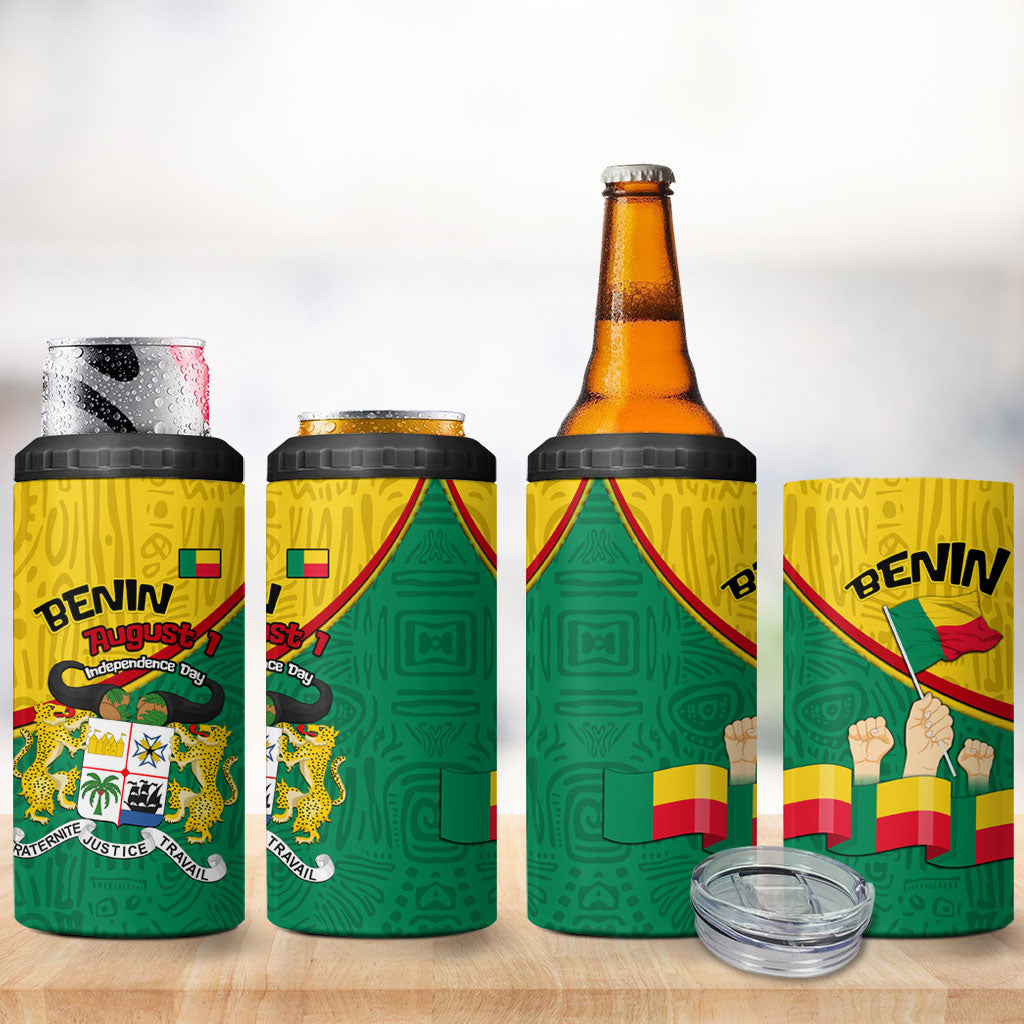 Benin Independence Day August 1 4 in 1 Can Cooler Tumbler Coat Of Arms Heritage Raised Fist Flag