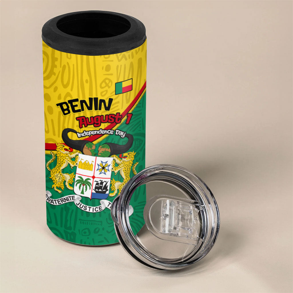 Benin Independence Day August 1 4 in 1 Can Cooler Tumbler Coat Of Arms Heritage Raised Fist Flag