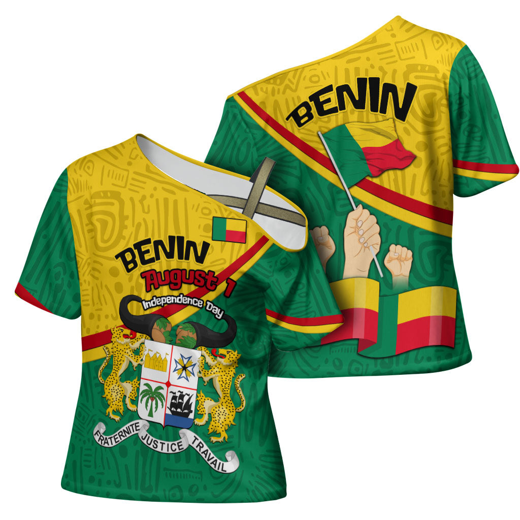 Benin Independence Day August 1 Cross Shoulder Shirt Coat Of Arms Heritage Raised Fist Flag