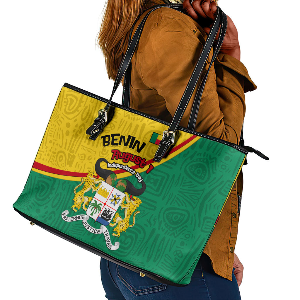 Benin Independence Day August 1 Leather Tote Bag Coat Of Arms Heritage Raised Fist Flag