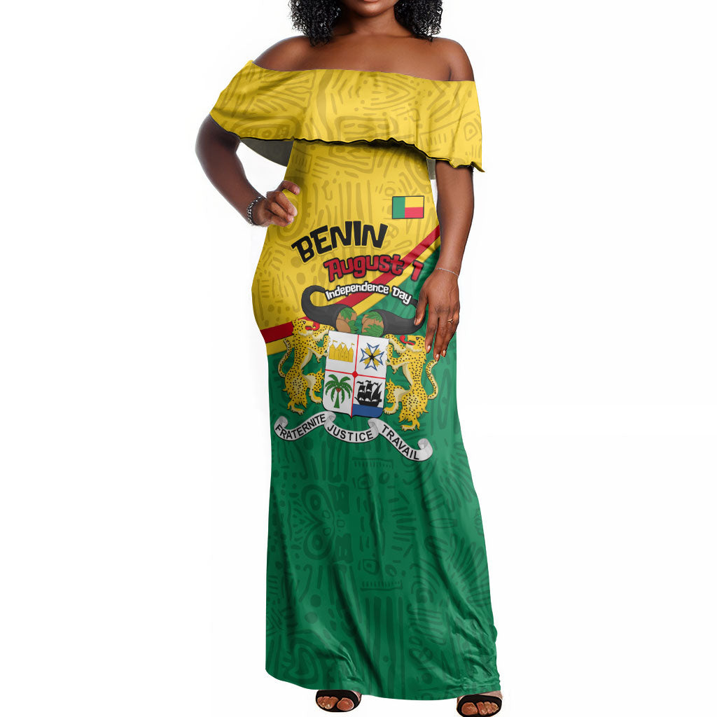 Benin Independence Day August 1 Off Shoulder Maxi Dress Coat Of Arms Heritage Raised Fist Flag