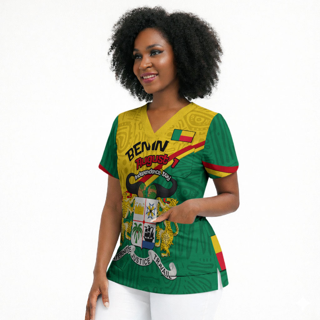Benin Independence Day August 1 Scrub Top Coat Of Arms Heritage Raised Fist Flag