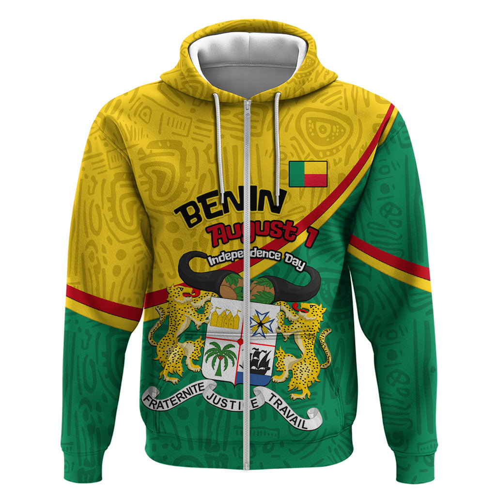 Benin Independence Day August 1 Zip Hoodie Coat Of Arms Heritage Raised Fist Flag