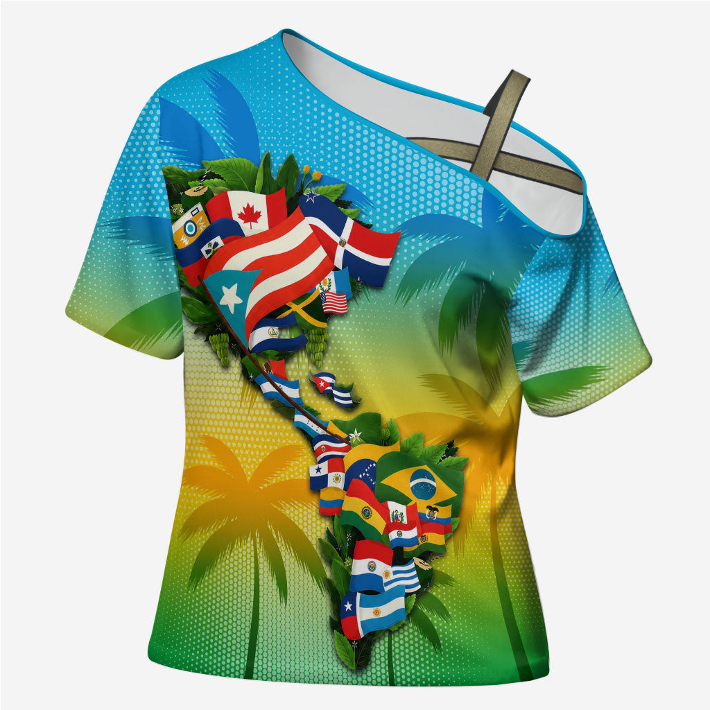 Caribbean-American Heritage Month Cross Shoulder Shirt Colorful Caribbean & Latin American Flag Map