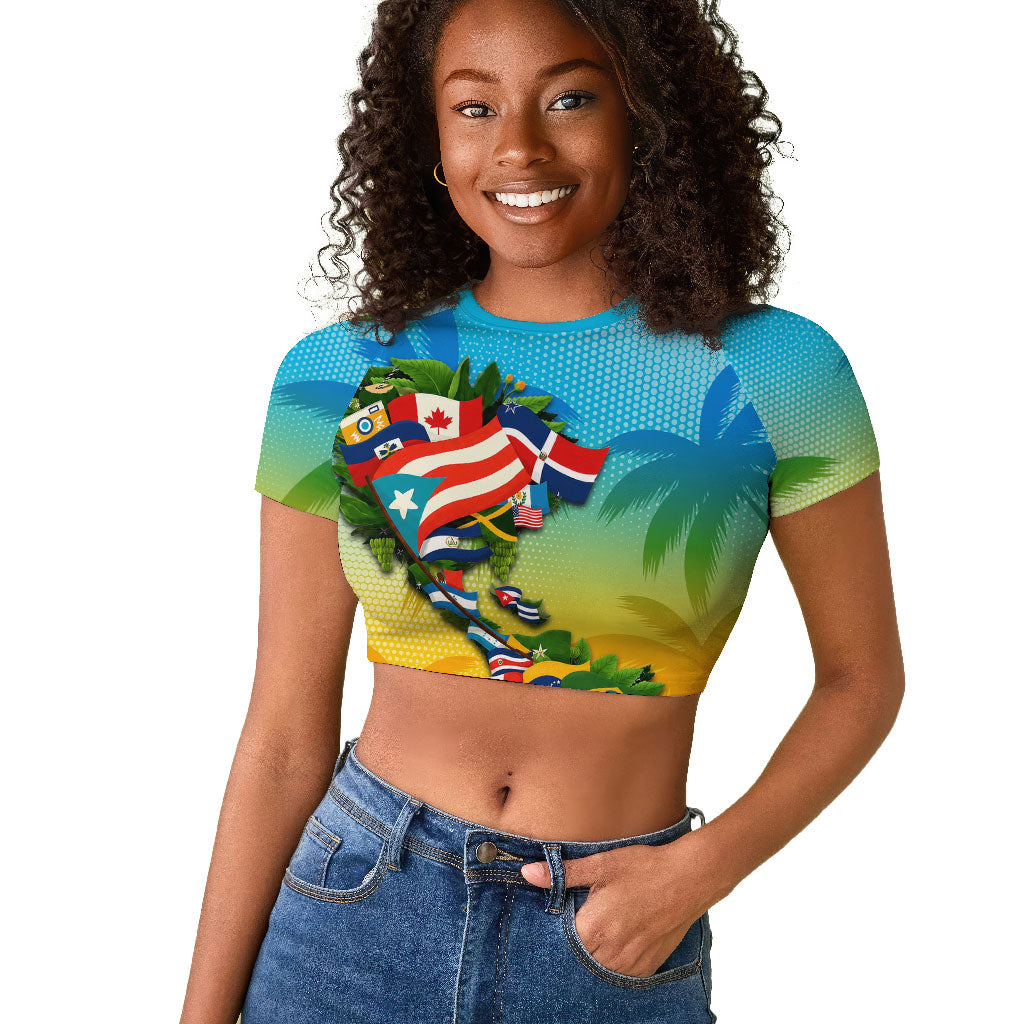 Caribbean-American Heritage Month Raglan Cropped T shirt Colorful Caribbean & Latin American Flag Map