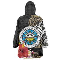 Caribbean American Heritage Month Kid Wearable Blanket Hoodie Tribal Pattern Tropical Hibiscus Flower