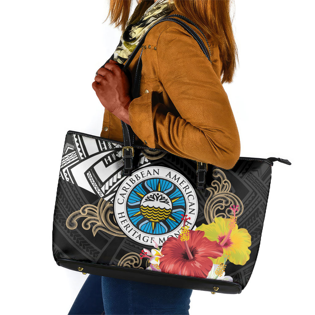 Caribbean American Heritage Month Leather Tote Bag Tribal Pattern Tropical Hibiscus Flower