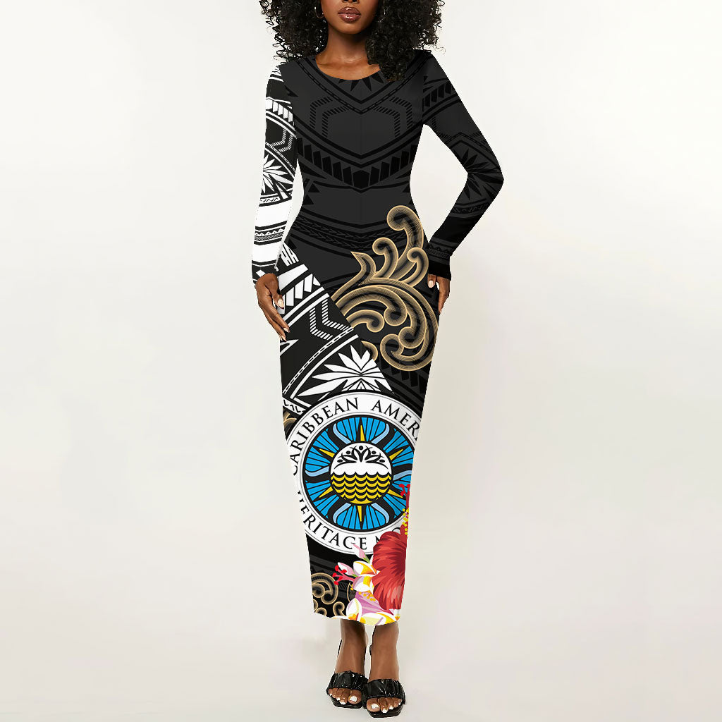 Caribbean American Heritage Month Long Sleeve Bodycon Dress Tribal Pattern Tropical Hibiscus Flower