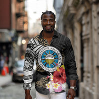 Caribbean American Heritage Month Long Sleeve Button Shirt Tribal Pattern Tropical Hibiscus Flower