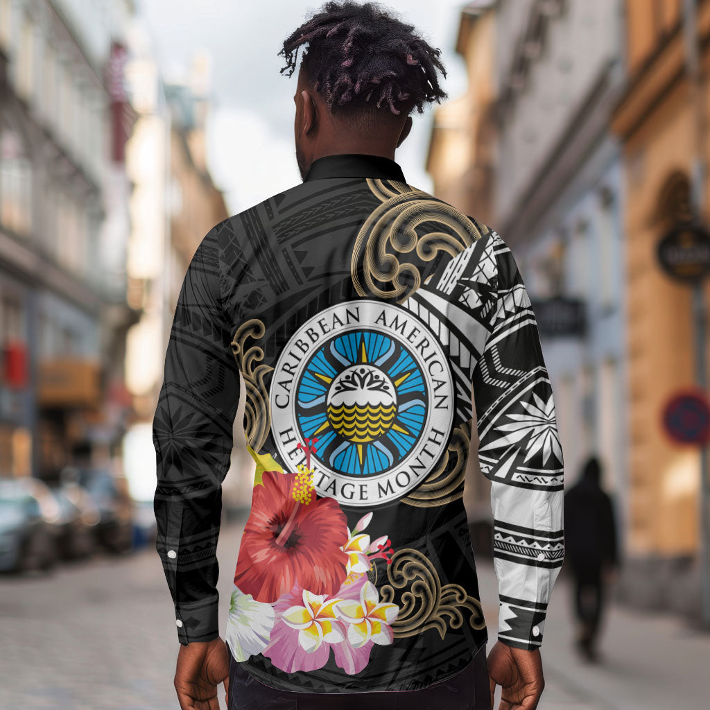 Caribbean American Heritage Month Long Sleeve Button Shirt Tribal Pattern Tropical Hibiscus Flower