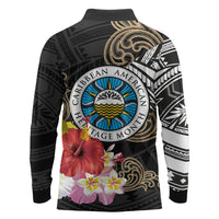 Caribbean American Heritage Month Long Sleeve Polo Shirt Tribal Pattern Tropical Hibiscus Flower