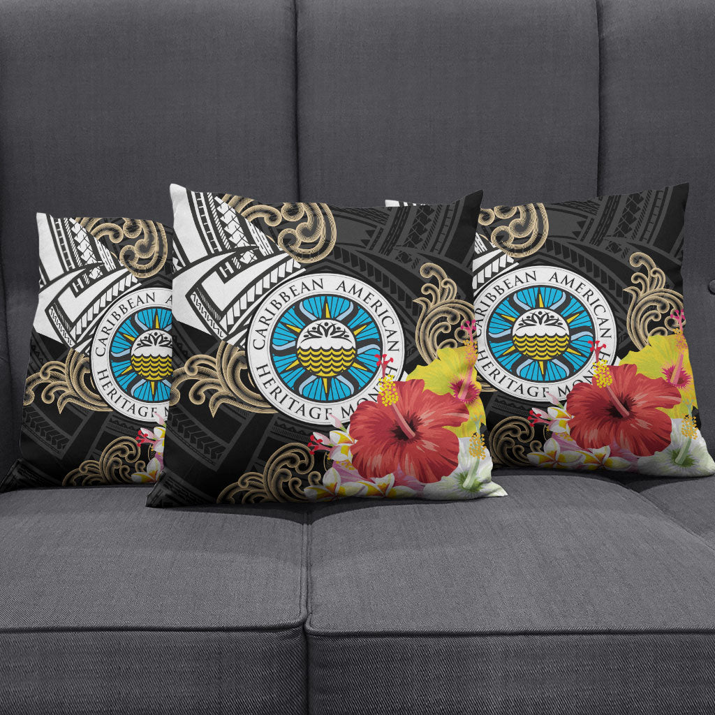 Caribbean American Heritage Month Pillow Cover Tribal Pattern Tropical Hibiscus Flower