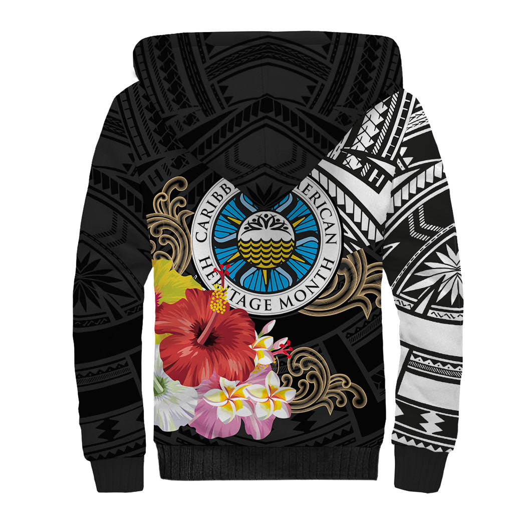 Caribbean American Heritage Month Sherpa Hoodie Tribal Pattern Tropical Hibiscus Flower