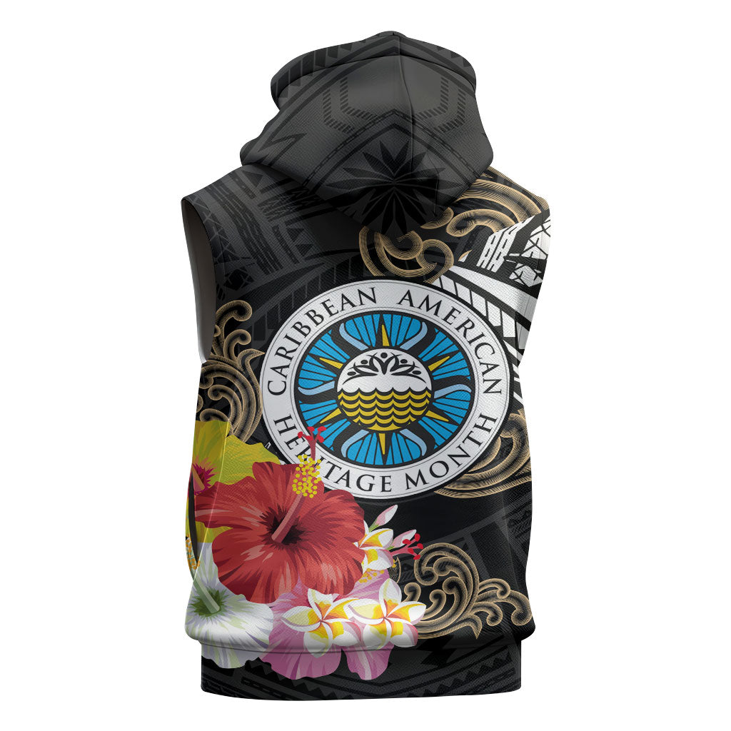Caribbean American Heritage Month Sleeveless Hoodie Tribal Pattern Tropical Hibiscus Flower