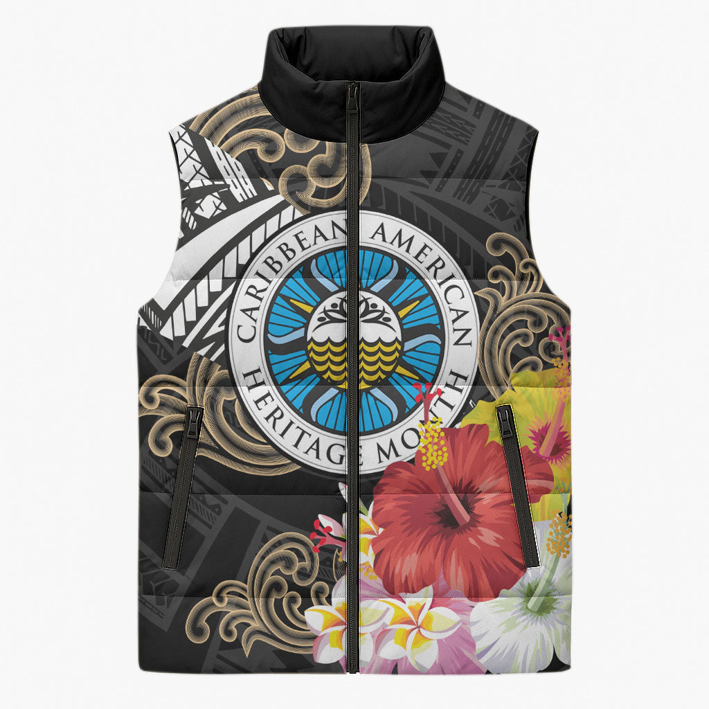 Caribbean American Heritage Month Sleeveless Puffer Jacket Tribal Pattern Tropical Hibiscus Flower
