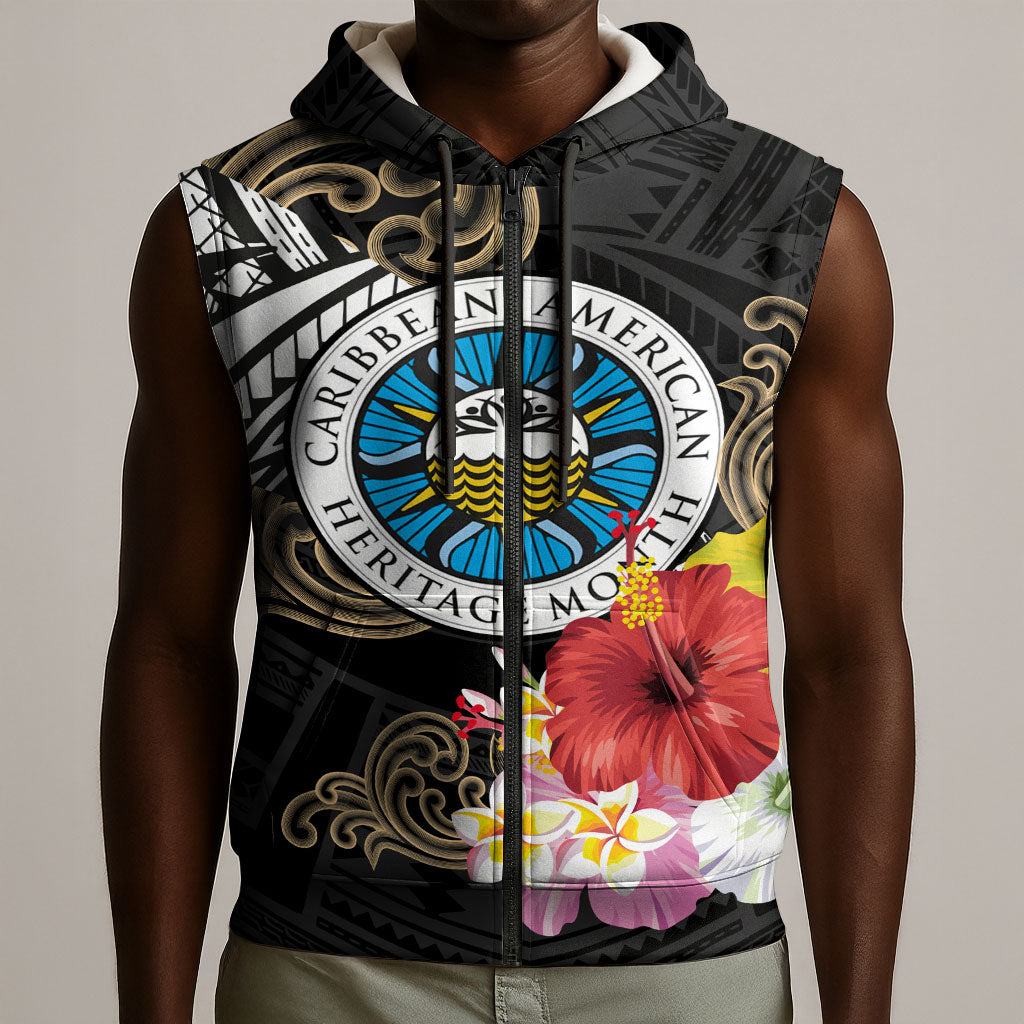 Caribbean American Heritage Month Sleeveless Zip Hoodie Tribal Pattern Tropical Hibiscus Flower