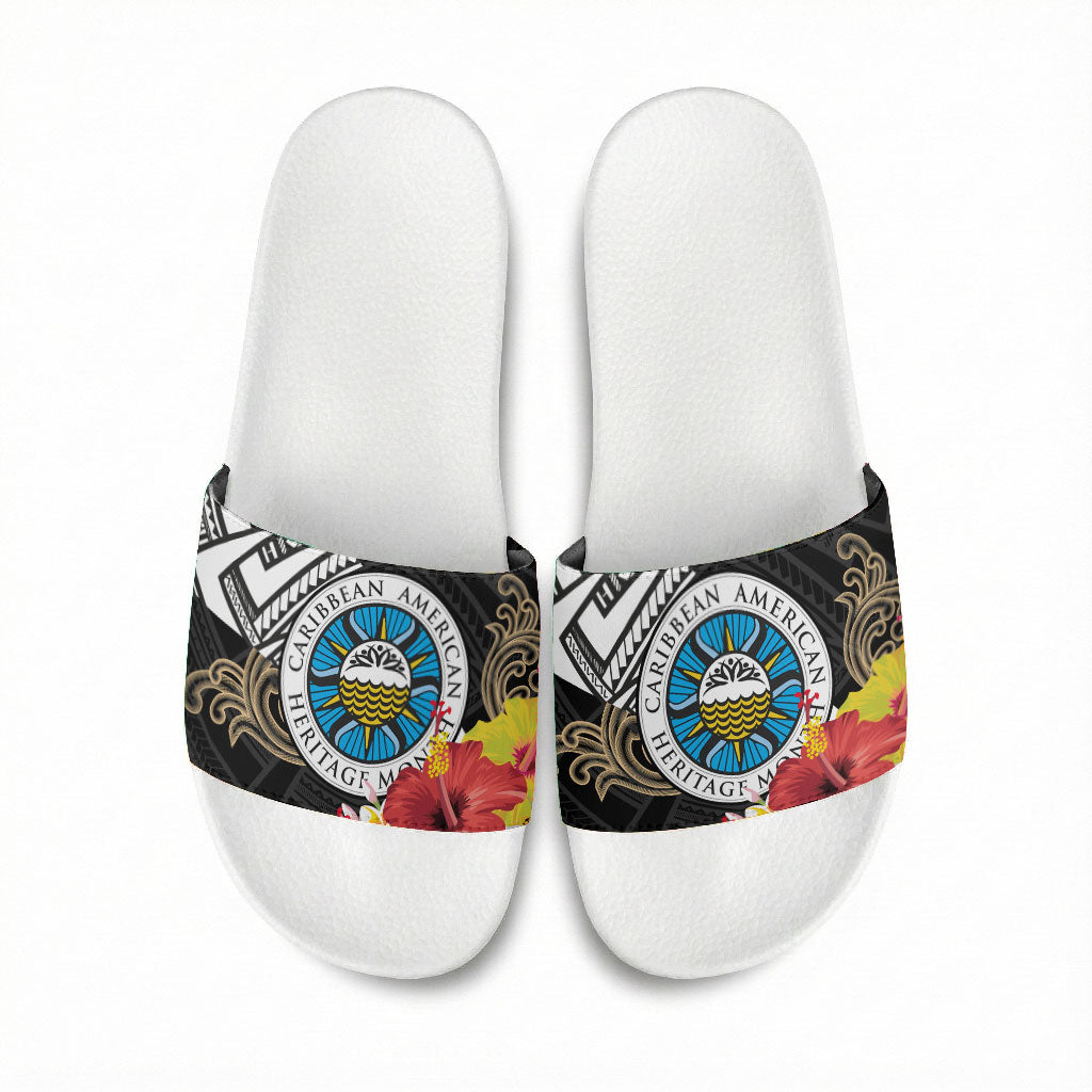Caribbean American Heritage Month Slide Sandals Tribal Pattern Tropical Hibiscus Flower