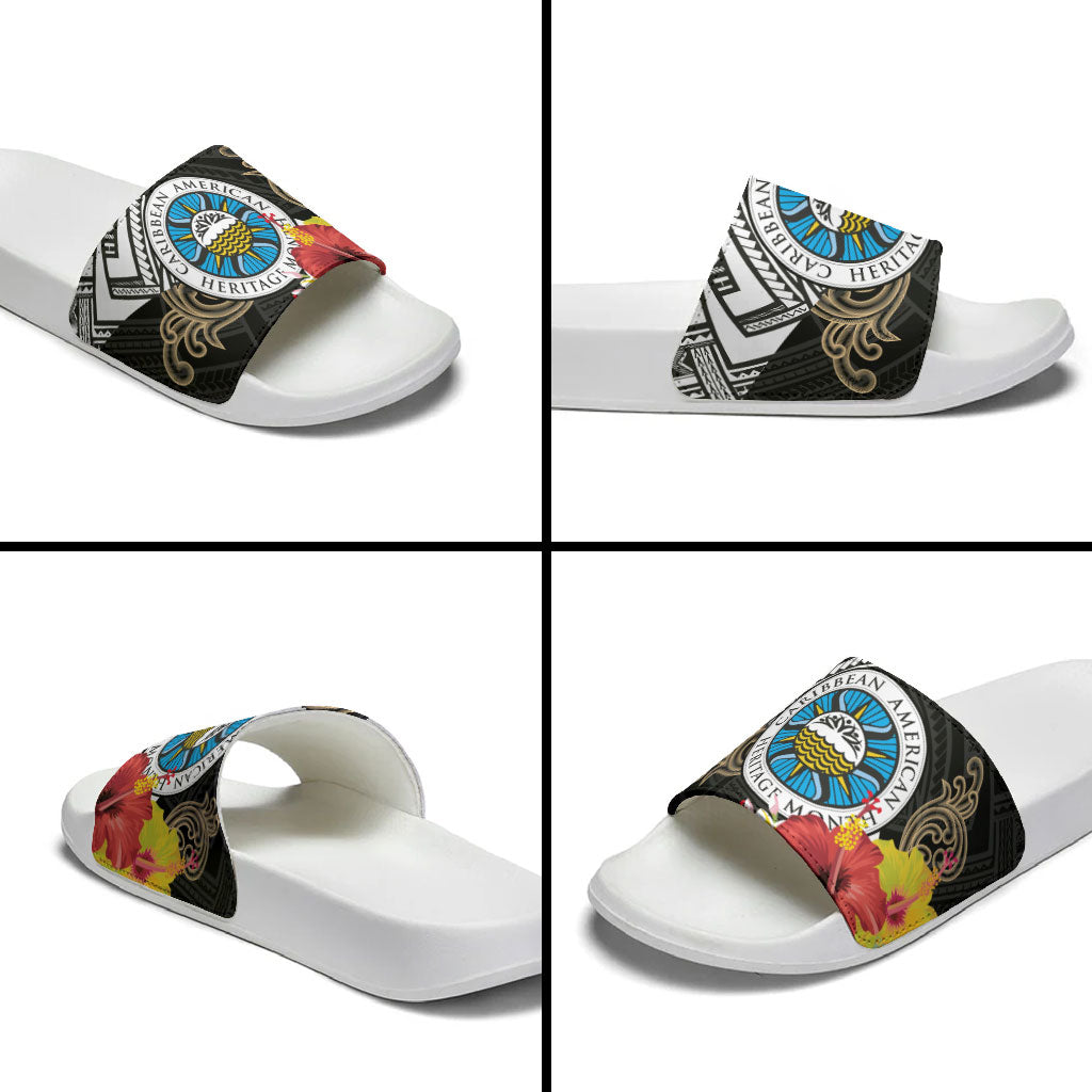 Caribbean American Heritage Month Slide Sandals Tribal Pattern Tropical Hibiscus Flower