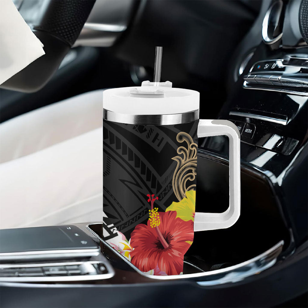 Caribbean American Heritage Month Tumbler With Handle Tribal Pattern Tropical Hibiscus Flower