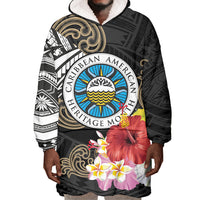Caribbean American Heritage Month Wearable Blanket Hoodie Tribal Pattern Tropical Hibiscus Flower