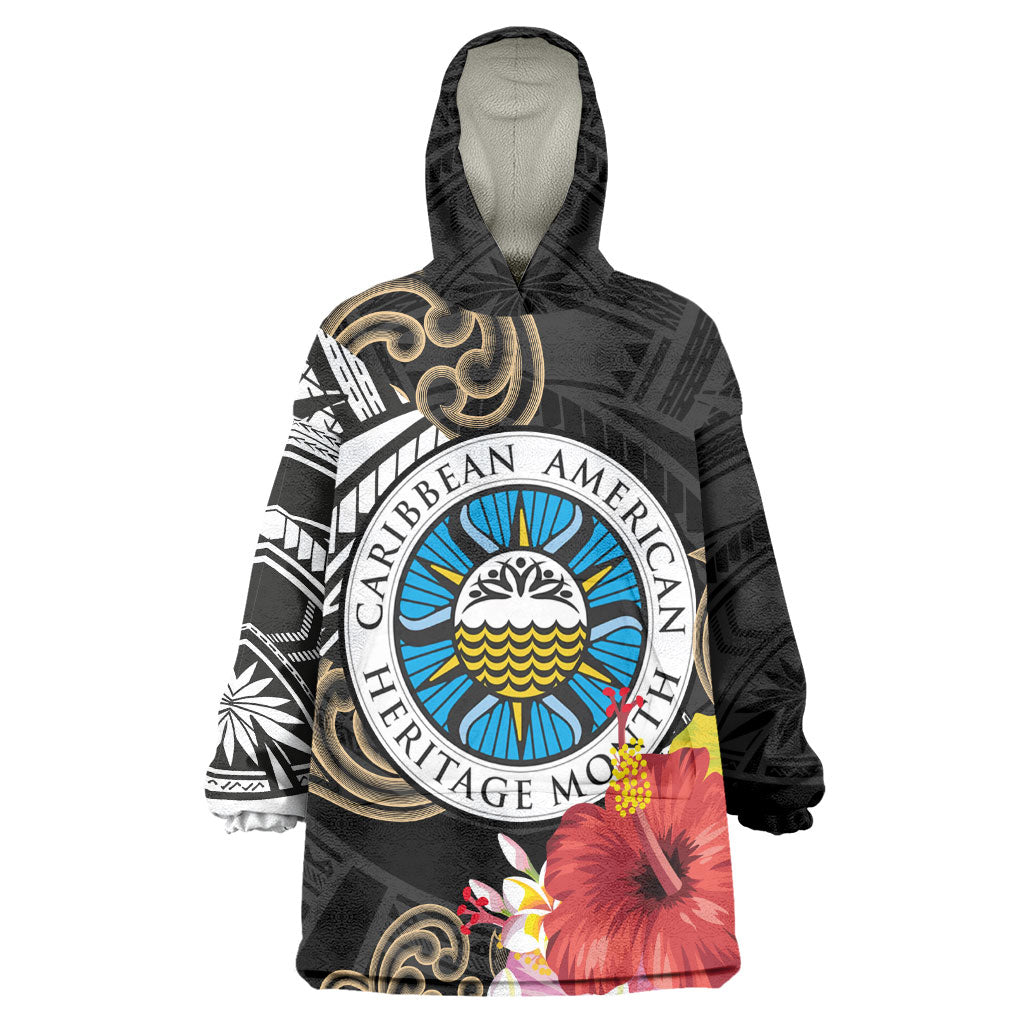 Caribbean American Heritage Month Wearable Blanket Hoodie Tribal Pattern Tropical Hibiscus Flower