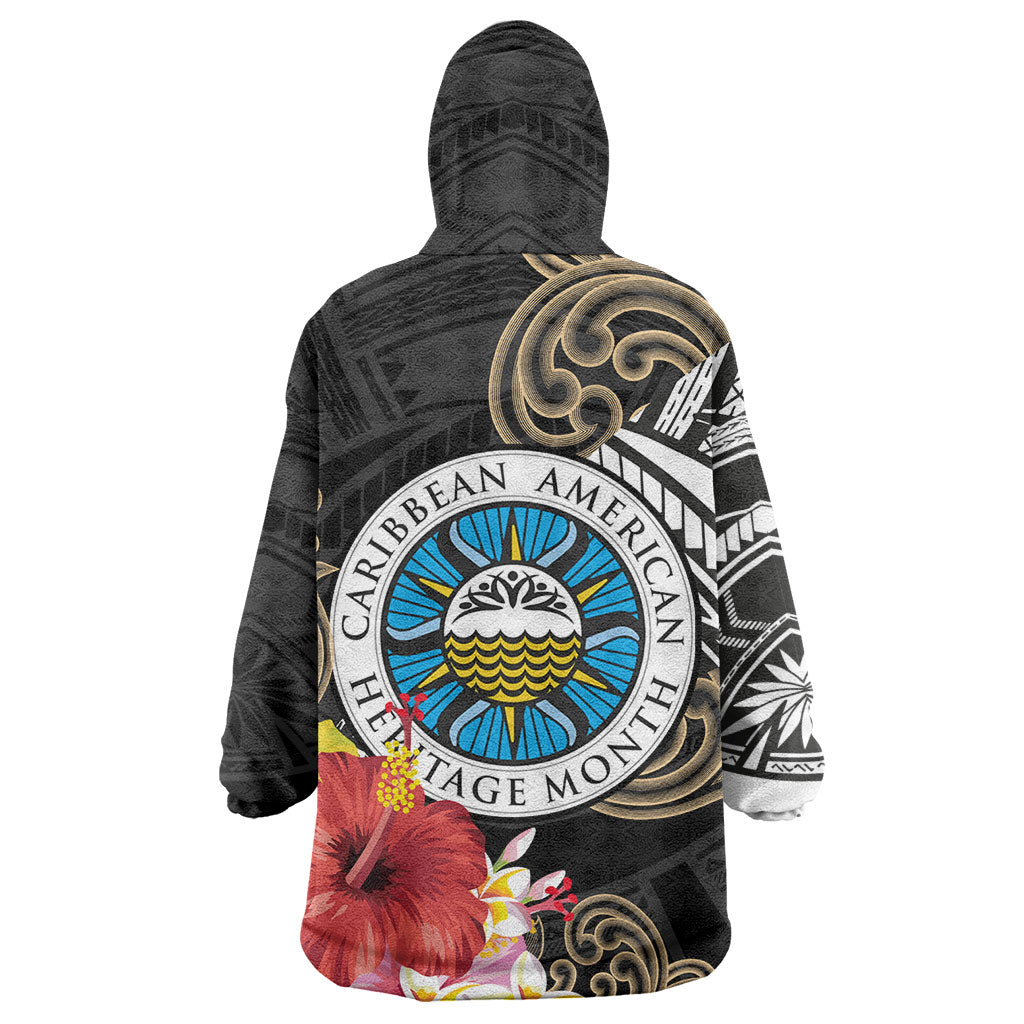 Caribbean American Heritage Month Wearable Blanket Hoodie Tribal Pattern Tropical Hibiscus Flower