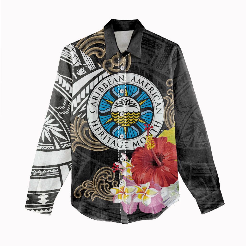 Caribbean American Heritage Month Women Casual Shirt Tribal Pattern Tropical Hibiscus Flower