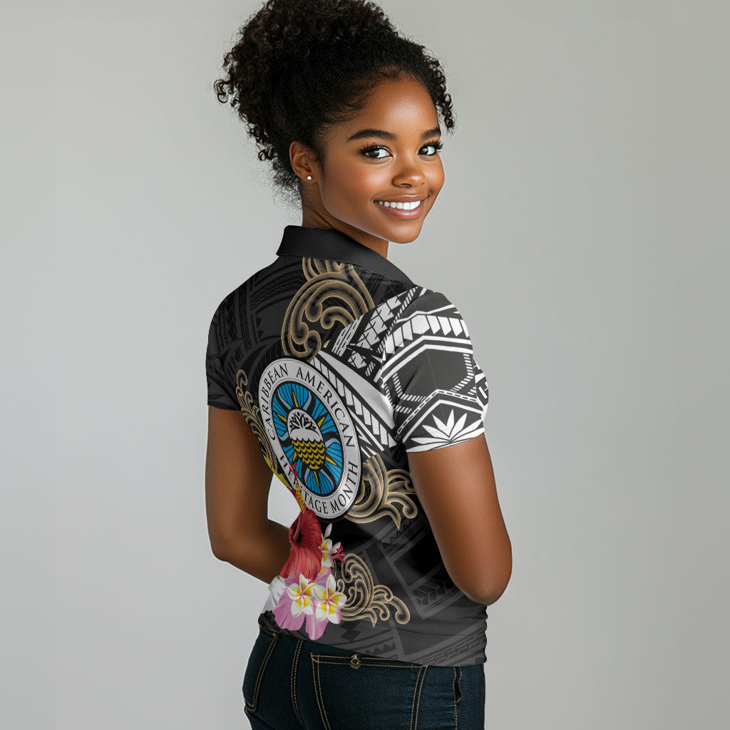 Caribbean American Heritage Month Women Polo Shirt Tribal Pattern Tropical Hibiscus Flower