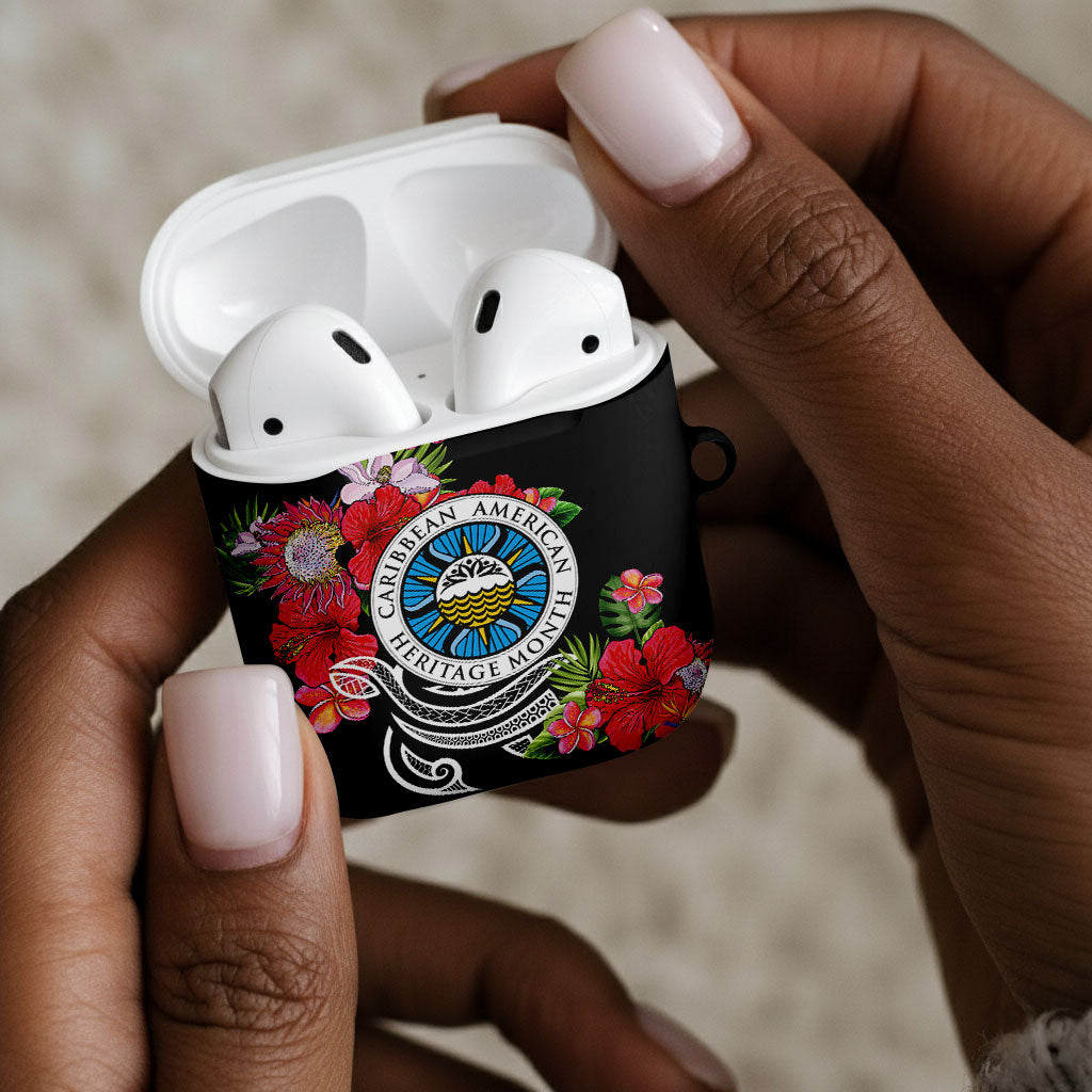 Caribbean American Heritage Month AirPods Case Tropical Hibiscus Flower Tribal Tattoo