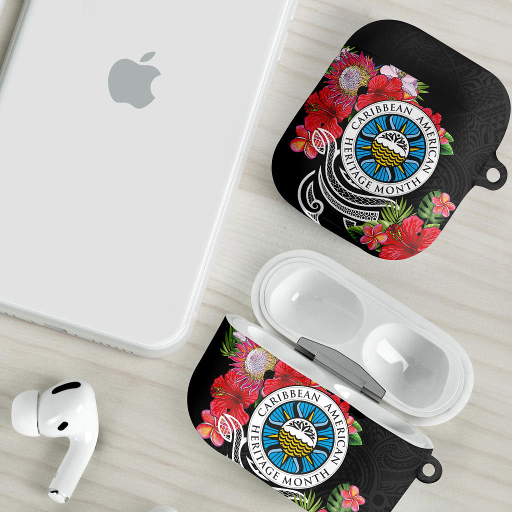 Caribbean American Heritage Month AirPods Case Tropical Hibiscus Flower Tribal Tattoo