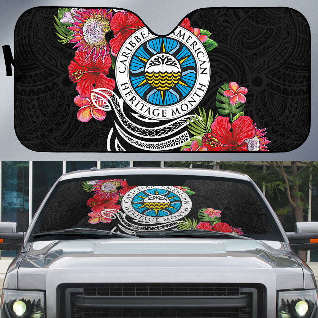 Caribbean American Heritage Month Auto Sun Shade Tropical Hibiscus Flower Tribal Tattoo